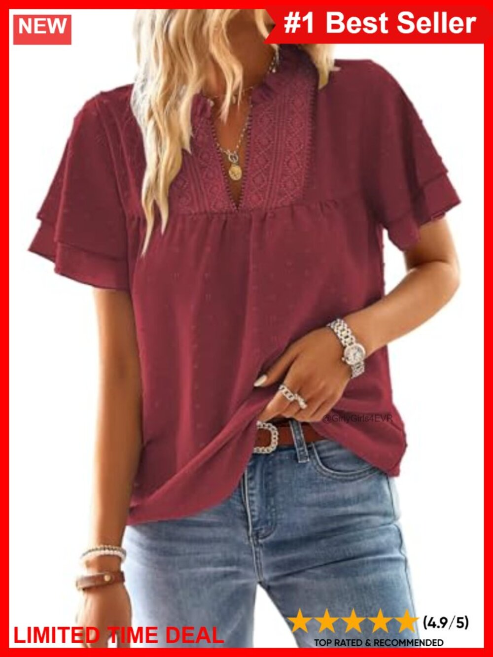 Womens V Neck Crochet Lace Short Sleeve Boho Flowy Blouse Top